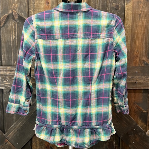 Hollister Mixed Plaid Flannel Top L Teal Pink Tartan Checkered‎ Drawstring Waist - Picture 5 of 10